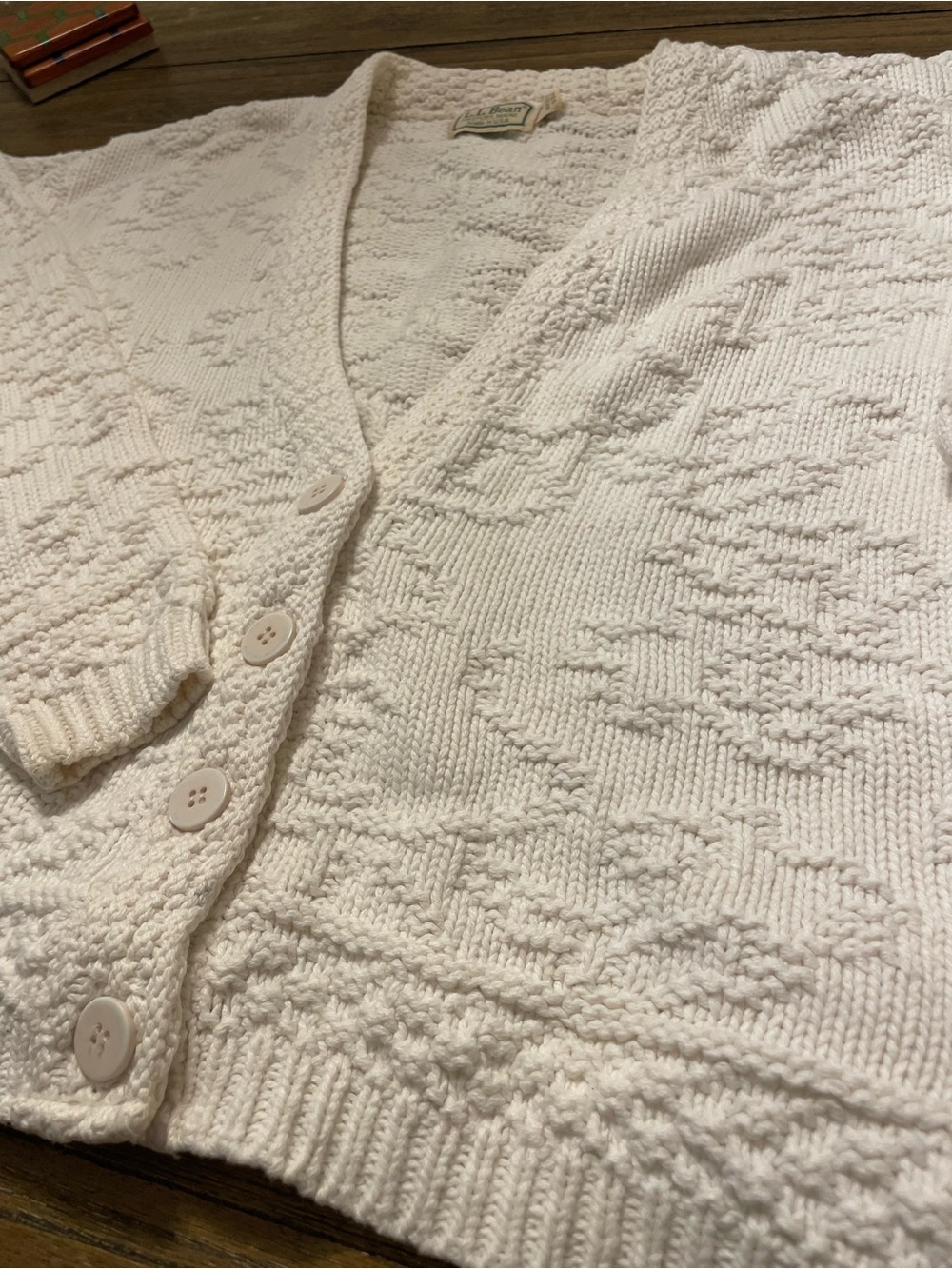 Vintage L.L.Bean USA Cotton Textured Knit Cardigan Sweater Oversized Ivory M - Picture 5 of 9